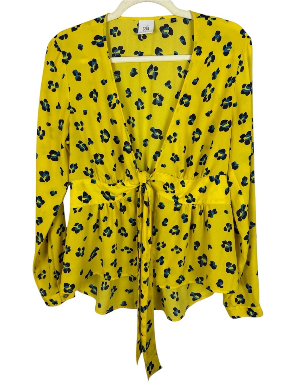 Cabi Presentation Blouse Yellow Floral Cheetah Print Tie Front Peplum M